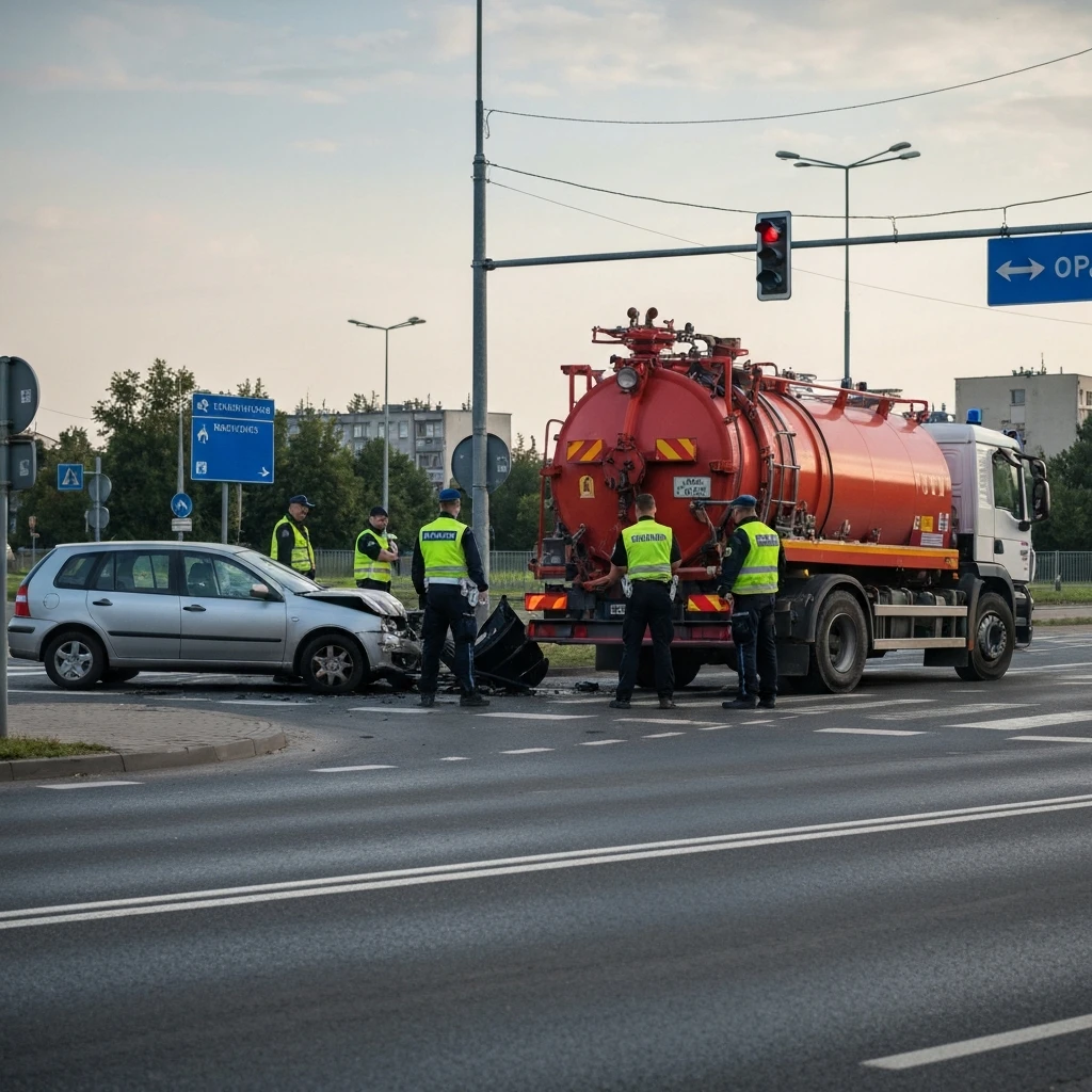Niebezpieczne zderzenie w Żyrardowie: Szambiarka kontra osobówka. Jedna osoba poszkodowana!