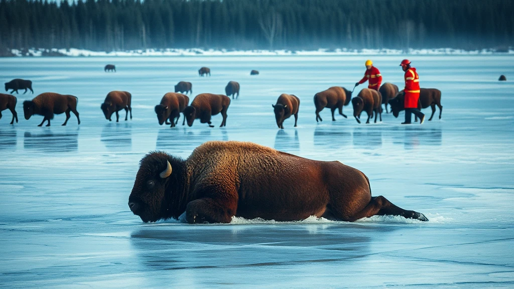 Żubr uwięziony na lodzie. Strażacy z Wałcza przeprowadzili brawurową akcję ratunkową