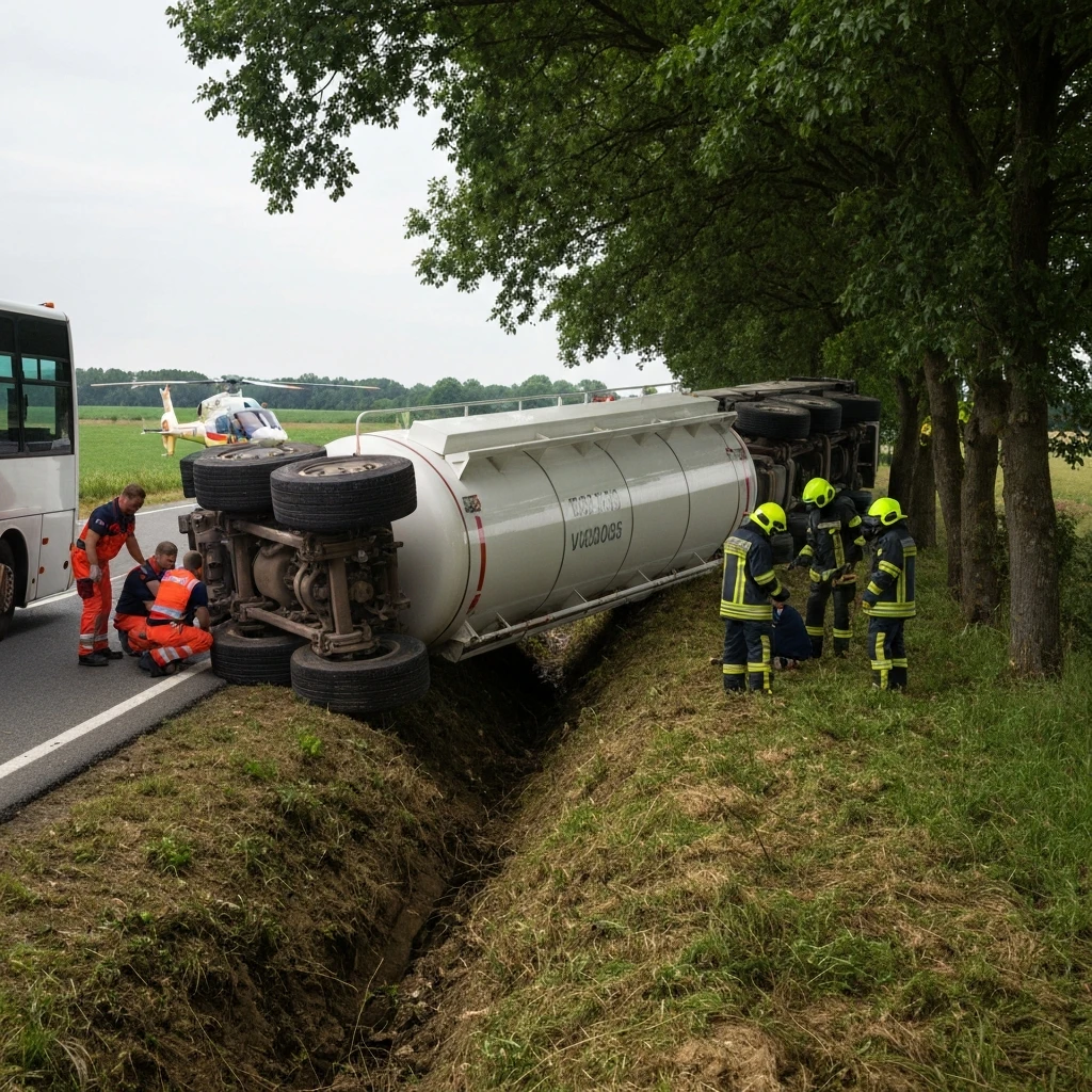 Cysterna z gazem zderzyła się z autobusem w Posiadałach. Sześć osób poszkodowanych, lądował LPR.