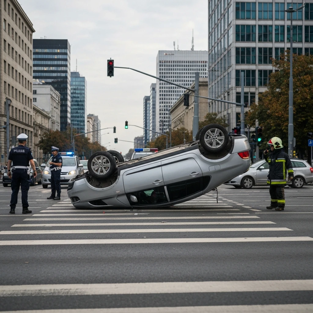 Groźny wypadek w sercu Warszawy. Samochód dachował na Rondzie ONZ, są utrudnienia w ruchu
